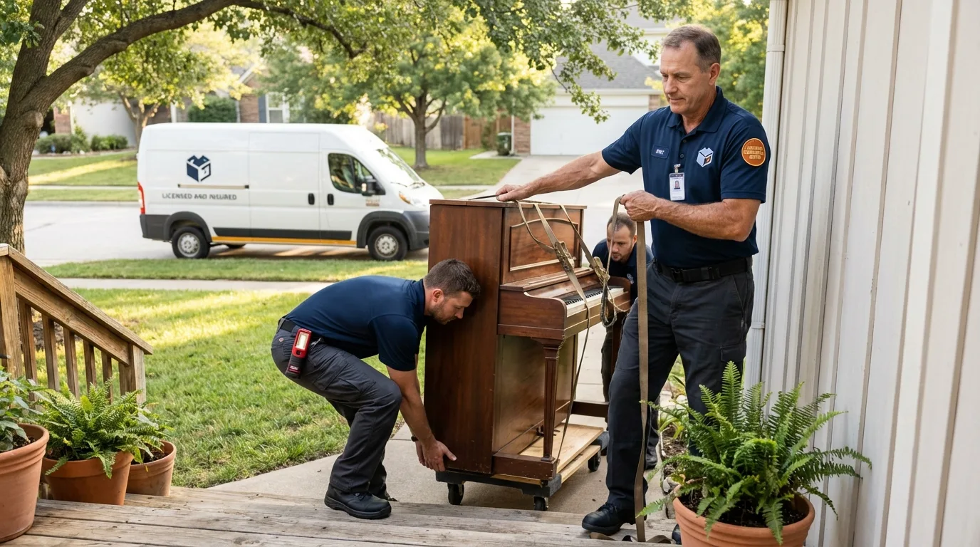 Licensed piano movers securing grand piano in Ravenel, SC