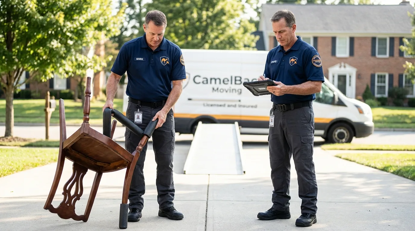 Movers inspecting furniture for damage prevention before loading in Ravenel, SC